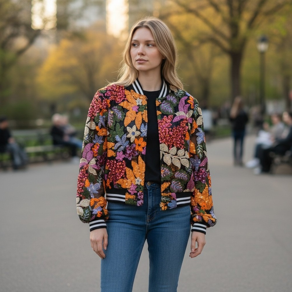 Tawni Haynes Floral Sequin Bomber Jacket Womens Medium Multicolor Sheer Mesh Med